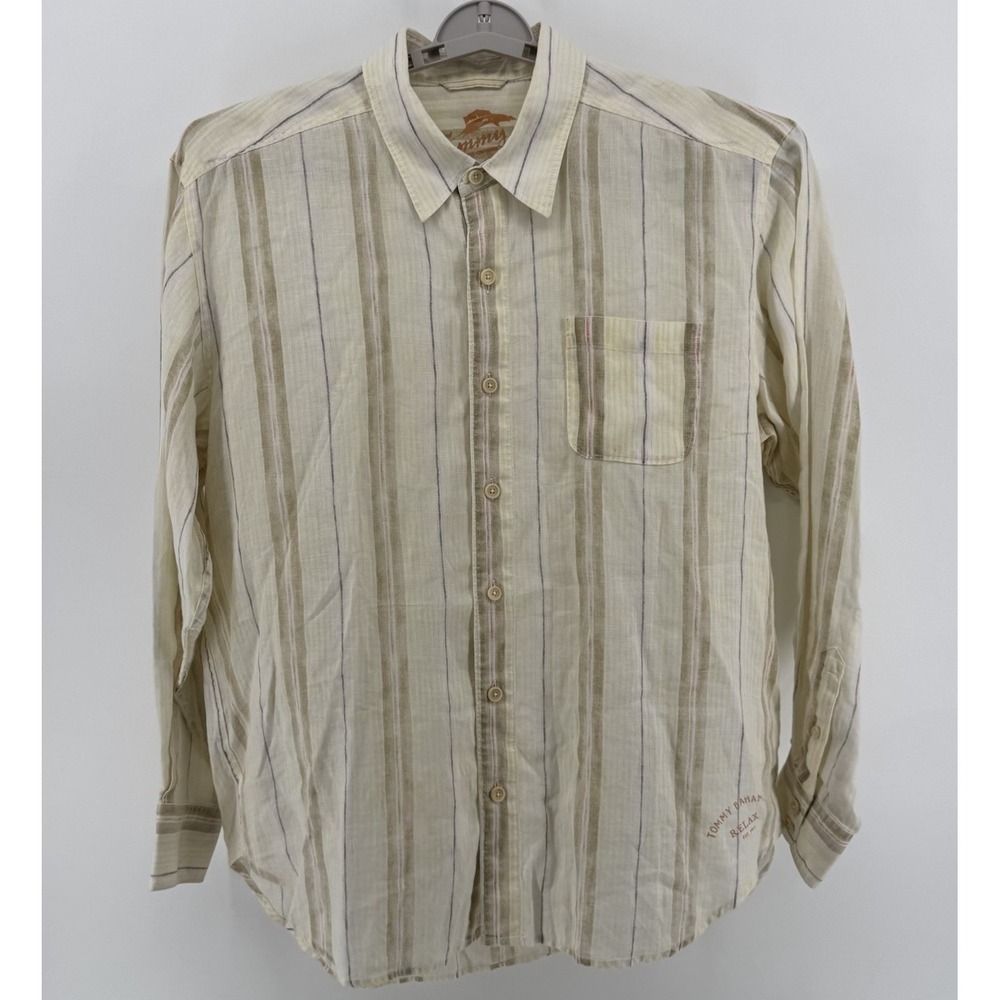 Tommy Bahama 100% Linen Button Up Shirt Long Sleeve Striped White Mens XL